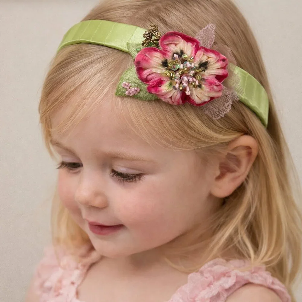 Gorgeous Hand made Designer Girls Headband Silk Velvet Beads Pink Green Holiday